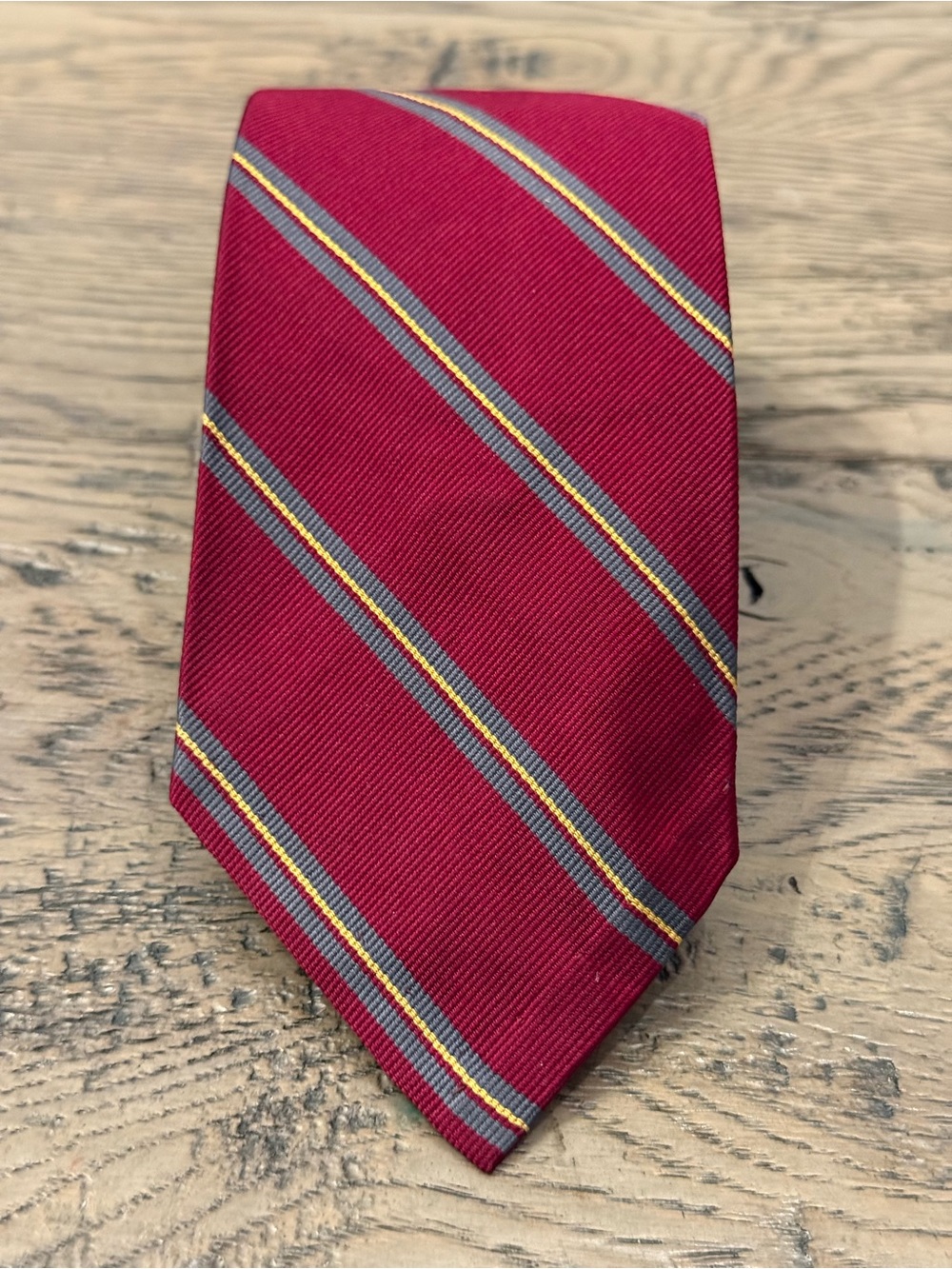 Polo by Ralph Lauren Burgundy Tie with Gray and Gold Stripes
